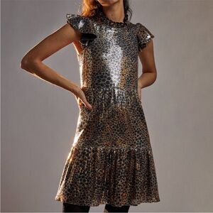 Anthropologie Othilia Metallic Gold and Black Animal-Print Mini Dress Sz XS